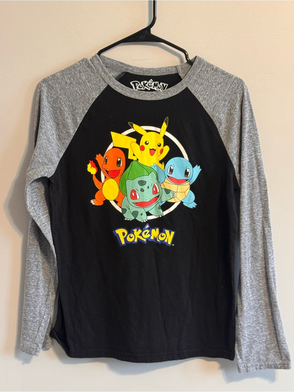 Pokémon XL Raglan Shirt Pikachu Charmander Squirtle Bulbasaur Black Gray